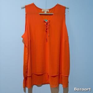 Michael Kors Bekka Women's Sleeveless Tiered Blouse Mandarin Size 2XL Tied Front